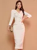 Sıradan Elbiseler 2024 Bahar Zarif Ofis Kadınlar Elbise Beyaz Mizaç Resmi Hamam Çentikli Boyun İnce Midi Kalem Partisi Robe Mujer