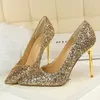 Dress Shoes Glitter Sequins Pumps Women Gold High Heels Sexy Pointed Toe Party Lady Black Elegant White Wedding Prom