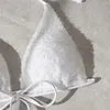 Kadın Mayo Katı Beyaz Peluş Peluş Üçgen Bikini Halter Micro Thong Mayo Kadın 2024 Plaj Mayo Takım Seksi Mini Bikinis Seti Mujer