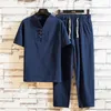 Herrspår 2024 Summer Cotton Linen Tracksuit V-Neck Kort ärm och byxor Set Outfits Two Piece Sports Suits Man Clothes