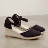 Sandaler kvinnor damer halm hampa rep sandaler retro linne duk kil rund tå avslappnade sandaler singlar skor elegant stängd tå sandal