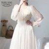 Casual Dresses 2024 Spring Wedding Midi Elegant A-Line Vestidos Solid Puff Sleeve Women V-Neck Ladies Lace Mesh Dress 8126