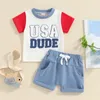 Kläduppsättningar småbarn Baby Boys kläder för 4 juli Brev broderi Kort ärm T-shirt Shorts 2st-outfit Independent Day