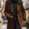 Trench da uomo 2024 Primavera/Inverno Cappotto lungo Casual Lana Tinta unita Slim Fit Doppio petto Marrone Tasca laterale Colletto Giacca a vento