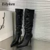 Laarzen eilyken klassiekers geplooide serpentine dames kneehigh boot mode puntige teen paal dansende schoenen sexy hoge hakken botines mujer