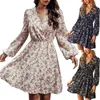 Повседневные платья Осенние и зимние модели Модные женские платья с v-образным вырезом и длинными рукавами с цветочным принтом Женское платье из шамбре