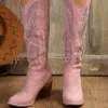 Boots Pointy Toe Cowgirl Boots Women Fashion Pink Chunky Heel Plus Size High Heels Side Zipper Antislip Shoes Botas Plataforma Mujer