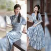 Ethnic Clothing 2024 Chinese Slim Fit Oriental Style Dress Improved Cheongsam Lady Floral Women A Line Blue