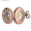 Pocket Watches Red Copper Hollow Gearwheel Cover Hand Winding Mechaincal Pocket With 30cm Chain Skeleton Dial Men es Clock Gifts L240322