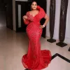 Afrikanisches Arabisch Plus Size Aso Ebi Ballkleider Meerjungfrau Rotes Abendkleid für besondere Anlässe Schwarze Frauen Ballkleid Spitze Perlen Geburtstagsfeierkleider