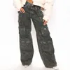 Streetwear Custom Oversized Women Baggy Trousers High Rise Multi Pockets Faded Washed Denim Boyfriend Pants Wide Leg Cargo Jeans