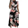 Vestidos casuais solto ajuste vestido floral impressão maxi com colarinho simulado cintura cintura feminina balanço para verão primavera tornozelo