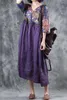 Abiti da festa Abito in lino di cotone per donna Mezza manica viola con scollo a V Modello Stampa Vintage Casual Pieghettato A-Line Patchwork Estate Midi