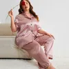 Hochwertiges, modisches, lässiges Plus-Size-Seidensatin-Pyjama, Nachtwäsche, kurze Ärmel, Hosen, Heimkleidung, 2-teiliges Set für Frauen