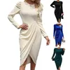 Vestidos casuais estilo retro vestido mulheres elegante joelho-comprimento midi com bainha irregular cintura slim fit para primavera outono plissado