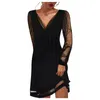 Casual Dresses Women Fashion Dress Solid Lace Splice Long Sleeve Shiny Mesh Stitching Elegant Glamorous Black Party