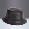 RY995 Man Real Leather Fitted Flat Bucket Hats Male Outdoor Potted Short Brim Black/Brown Hip Pop Gorras Elderly Fishing Cap 240409