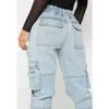 2022 vente en gros personnalisé couleur unie décontracté élastique chaîne femmes Cargo pantalon avec poches latérales 100% coton Denim Baggy jean tenue