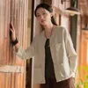 Kadın bluzları johnature kadınlar Çin tarzı pamuk keten gömlekler ve üstler o yaka uzun kollu bahar 2024 düz renkli cepler