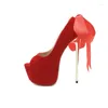 Robe chaussures rouge pompes femmes 16cm stiletto bout ouvert talons hauts plate-forme arrière papillon plus taille dames talon femme