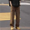 Nova moda casual solta grande bolso calças de perna reta com quatro estações simples cor sólida workwear para homens de rua alta