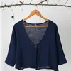 Kvinnors blusar Enkla retro Casual V-ringning Solid Color Cotton Linen Knappar Summer mode Cardigan 3/4 Sleeve Sun Protection Tops