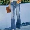Kvinnors jeansbyxor sexiga hög midja snäva flare byxor tvättade blå mode vintage streetwear mager pantalones largos