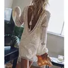 Women Sexy Boho Hollow Out Backless Deep V Neck White Beach Dress Long Sleeve Lace Up Tassel Loose Holiday Casual Mini Dress 240313
