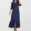 Casual Dresses Lapel Long Sleeve Dress Women Maxi Elegant Denim With Ruffle Patchwork Flowy Hem Women's For Travel