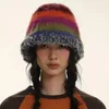 Japanese Ins Dopamine Colorful Plush Bucket Hat Women Autumn Winter Contrast Striped Wool Beanies Hat Female Warm Fisherman Hat 240314