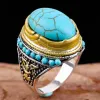 Böhmische große ovale Steinringe aus 14 Karat Gold für Damen und Herren, Vintage-Stil, zweifarbig, blaue Perlen, grüner Stein, Fingerringe, Party-Schmuck