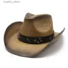 Chapéus de aba larga Bucket Chapéus Vintage Retro Cáqui Faixa de Couro Cinto Escavado Mulheres Homens Palha Aba Larga Praia Cowboy Cowgirl Western Sun Hat L240322