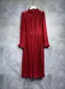 2024 Spring Red Solid Color Panelled Dress Long Sleeve Stand Collar Lace Midi Casual Dresses F4M061403