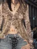 Damen-Strickpullover mit V-Ausschnitt, Leopardenmuster, Schnürung, langärmeliges Oberteil, modisches Street-Girl-Slim-Cardigan, amerikanische Retro-Fit-Kleidung