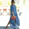 Party Dresses 2024 Causal Rands V-ringknapp Front Open Summer Beach Dress Blue Cotton Tunic Women Plus Size Clothes Maxi N1097