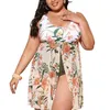 Kvinnors badkläderkontroll Mage Baddräkt Stylish Plus Size Plant Print One-Piece Baddräkter för kvinnor U-Neck Monokini Ruffle Hem