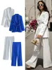 ZBZA Casual Womens Long Sleeve VNeck White Blazer High Waisted Wide Leg Trousers Office Ladies Black Suit Fashion Top 240319