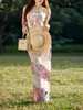 スカート女性Sサマー2ピースロングスカートセット印刷されたカットアウトチューブクロップトップスリムフィットミディ2衣装Y2Kセット