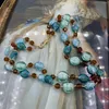 Chains 2 Rows Blue Faceted Agate Turquoise Cultured White Biwa Pearl Crystal Necklace Bracelet Earrings Set