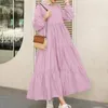 Casual Kleider Frauen Puff Langarm Rüschen Trim Muslimischen Maxi Swing Kleid Plissee Tiered Flare Saum Einfarbig Lose Abaya hijab Kleid