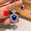 Necklace Earrings Set Oval Shape Blue Sapphire Red Ruby Green Zircon Pendant Stud Adjustable Ring Jewelry For Women