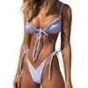 Women's Swimwear Sexy Micro Bikini Set Print Drawstring Backless Swimsuit Padded Wire Free Sling Triangle Bra Side Tie Thong Beachwear