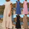 Casual Kleider Damen Einfarbig Gerafftes Kleid Rundhalsausschnitt Lose Mit Taschen Sommer Rüschen Kurzen Ärmeln Lange 2024 Robe