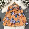 Kvinnors blusar Bow Floral Print Turn-Down Collar Lantern Sleeve Blusas Single Breasted Button elegant blus Summer Drop