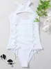 Maiô feminino sexy branco cor sólida cordão bandeau bandagem monokini camisola conjunto biquinis lingerie biquíni mujer