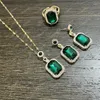 Necklace Earrings Set Wedding Jewelry Exquisite Crystal Glass Square Ring Emerald Three-piece Set.