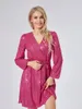 Robes décontractées femmes printemps automne couleur unie sequin mini robe paillettes manches longues col en V ceinturé fête a-ligne