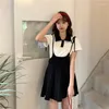 Work Dresses Korejpaa Korean Fashion Two Piece Set Women Perppy Style Turn-down Collar T Shirt Top Slim Waist Sling Pleated Mini Dress