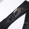 New street trendy brand tattered letter patch patchwork leather torn hole elastic slim fit black jeans for men