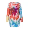 Robes décontractées Femmes Une épaule Robe à manches longues Tie Dye Swing Loose T-shirt Coton Lin Midi Slip pour les robes